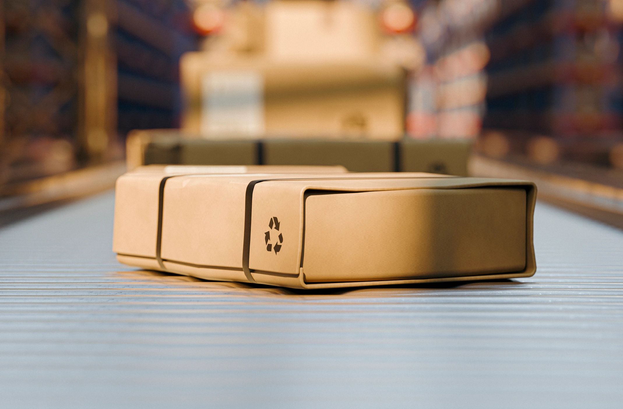 Packages moving through a warehouse distribution center